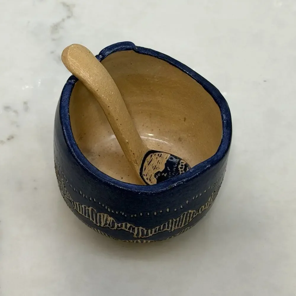 Sylvia Lawson NC Pottery Blue Sgrafitto Salt Cellar w Spoon Jar Pilot Mountain